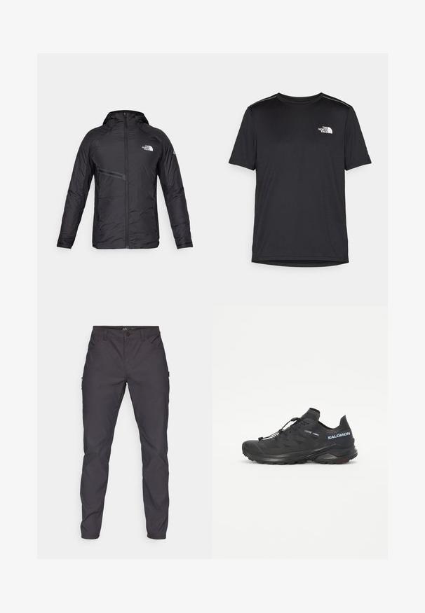 Fekete szigetelt kapucnis dzseki elülső cipzárral, oldalsó zsebekkel és logó részletekkel. sima textúrájú, letisztult dizájnnal.; Fekete, rövid ujjú póló, könnyű anyagból készült. Bal mellen egy kis fehér logó található, és finom vállrész kiemelések.; Sötétszürke cargo nadrág sima textúrával, elülső zsebekkel és egy oldalzsebbel; gombos záródású derékpánt.; Fekete terepfutó cipő textúrált felsőrésszel, rugalmas fűzőkkel és Contagrip talppal. Kiemelkedő illeszkedés és védő orrborítás jellemzi.