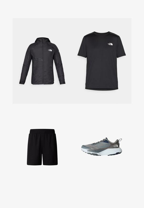 Giubbotto nero imbottito con cappuccio, caratterizzato da una zip frontale, tasca laterale e dettagli con logo. Texture liscia con un design elegante.; T-shirt nero a maniche corte realizzata in tessuto leggero. Presenta un piccolo logo bianco sul lato sinistro del petto e delicati dettagli sulle spalle.; Shorts sportivi neri con elastico in vita. Realizzati in tessuto morbido e leggero con una superficie liscia e senza motivi visibili o decorazioni.; Scarpa sportiva grigia con tomaia in rete, accenti blu navy, suola intermedia bianca texturizzata e suola in gomma nera. Presenta lacci e un'etichetta sul tallone.