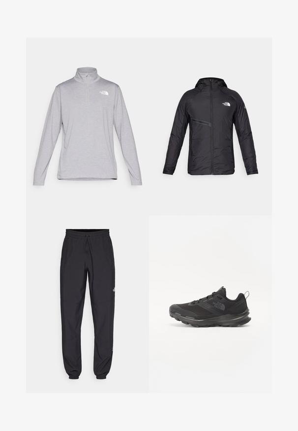 Juodas izoliuotas gobtuvėlis su priekiniu užtrauktuku, šonine kišene ir logotipo akcentais. Lygi tekstūra su aptakiu dizainu.; Šviesiai pilkas ilgomis rankovėmis megztinis su ketvirčio užtrauktuku, pagamintas iš glotnaus audinio, su maža balta logotipu viršutinėje kairėje krūtinės dalyje.; Juodos sportinės kelnės, pagamintos iš lengvos medžiagos, su raišteliu liemens srityje, šoniniais kišenėmis ir siaurėjantys apykaklės prie kulkšnies.; Juodos sportinės bateliai su tinklelio viršumi, guminiais padu ir paminkštintu apykakle. Yra raišteliai, logotipas šone ir tekstūruotas dizainas.