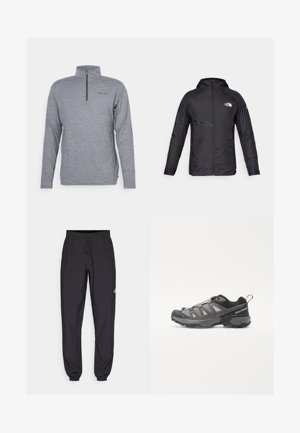 Casaco acolchoado preto com capuz, com fecho na frente, bolso lateral e detalhes de logotipo. Textura suave com um design aerodinâmico.; Pullover cinza com gola alta e fecho curto. Apresenta mangas longas e tecido texturizado subtil. Logótipo da Calvin Klein impresso no peito.; Calças atléticas pretas feitas de tecido leve, com um cós ajustável por cordão, bolsos laterais e punhos afunilados nos tornozelos.; Sapatilha desportiva com um design aerodinâmico, parte superior em sintético cinza com painéis de malha, detalhes pretos e sola de borracha com tração pronunciada.