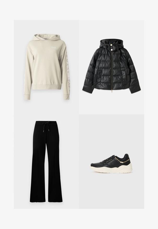 Black puffer jacket with a hood, made of faux leather. Features ribbed texture, a front zipper, snap buttons, and two side pockets.; Light beige hooded sweatshirt with a textured finish, featuring EA7 logo on the chest and branding down the sleeves.; Black wide-leg sweatpants with a drawstring waistband, side slit accents, soft fabric, and a sleek design.; Black leather sneaker featuring a chunky cream sole, gold-tone chain accent, and black laces. Smooth texture with embossed branding on the side.