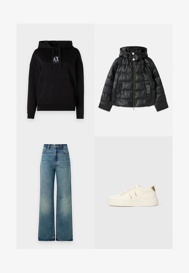 Svart boblejakke med hette, laget av faux lær. Har ribbet tekstur, frontglidelås, trykknapper og to sidelommer.; Svart hettegenser med frontlomme, snorer og et logo med "A|X" på brystet. Laget av mykt stoff med en avslappet passform.; Lys blå denim vidt bukser med høy midje, fem lommer og lett frayed hem, som viser en teksturert, falmet finish.; Kremfargede lave sneakers med gullakenter, snørebånd og preget "Armani Exchange" merkevare på sålen og sidepatchen.