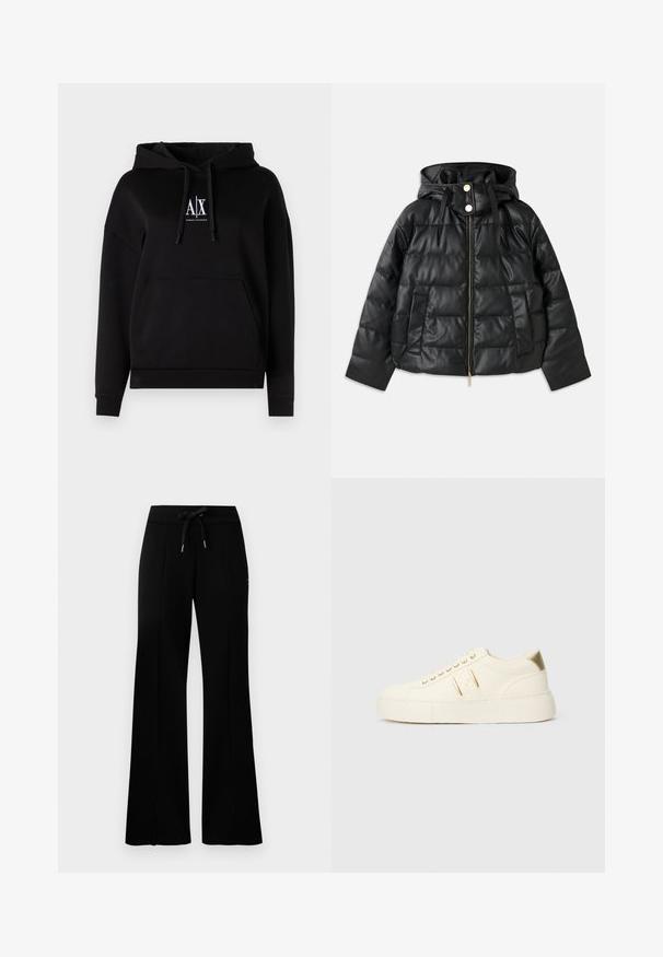 Fekete puffasztott dzseki kapucnival, műbőrből készült. Bordázott textúrával, elöl cipzáros, patentgombokkal, és két oldalzsebbel rendelkezik.; Fekete kapucnis pulóver elülső zsebbel, húzózsinórral és az "A|X" logóval a mellkason. Puha anyagból készült, laza szabással.; Fekete, bő lábú melegítőnadrág, befestett derékkal, oldalsó hasítékokkal, puha anyagból készült, letisztult dizájnnal.; Krém színű, alacsony sarkú sportcipő arany kiegészítőkkel, fűzőkkel, valamint dombornyomott "Armani Exchange" logóval a talpon és az oldalsó foltján.