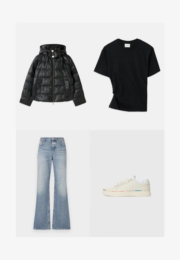 Juodas pūkinis švarkas su kapišonu, pagamintas iš dirbtinės odos. Turi raukšlėtą tekstūrą, priekinį užtrauktuką, spaustukus ir dvi šonines kišenes.; Juodas marškinėlis, pagamintas iš minkštos medvilnės, su apvalia iškirpte, trumpomis rankovėmis ir šiek tiek sukurtu dizainu, užtikrinančiu laisvą prigludimą.; Šviesiai mėlynos plačios džinsinės kelnės, pagamintos iš džinsinio audinio, su aukštu juosmeniu, šiek tiek išblukusiu priekyje ir nelygiais kraštais prie kojų.; Off-white žemo profilio sportiniai bateliai su raišteliais, balta vidinė apdaila ir subtilus daugiaspalvis apvadas aplink pado kraštą, šoninis vaizdas.