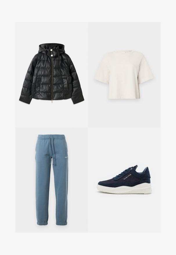 Svart boblejakke med hette, laget av faux lær. Har ribbet tekstur, frontglidelås, trykknapper og to sidelommer.; Kremfarget, kort t-skjorte laget av ribbestrikket stoff, med rund hals og korte ermer i en avslappet passform.; Blå joggebukser med elastisk midje og justerbar snor, sidelommer, elastiske mansjetter og liten hvit logo på venstre lår.; Mørk marineblå svineskinnsneakers med hvite gummisulder, rund tå og snøredesign. Har logodetalj på siden og teksturerte aksenter.