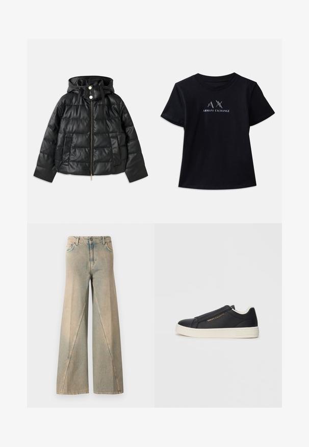 Geacă puffer neagră cu glugă, fabricată din piele ecologică. Prezintă textură ribbed, fermoar frontal, butoane cu capsenă și două buzunare laterale.; Tricou scurt cu mâneci negre și guler tip crew. Are logo-ul "AX" și textul "ARMANI EXCHANGE" în accente contrastante de alb și metalic. Material moale.; Blugi largi de culoare albastru deschis, din denim. Au o talie înaltă, buzunare frontale și un model de cusătură distinctiv pe picioare.; Sneaker slip-on din piele neagră cu talpă albă, logo auriu "Armani Exchange" pe lateral și detalii de cusătură minimaliste.