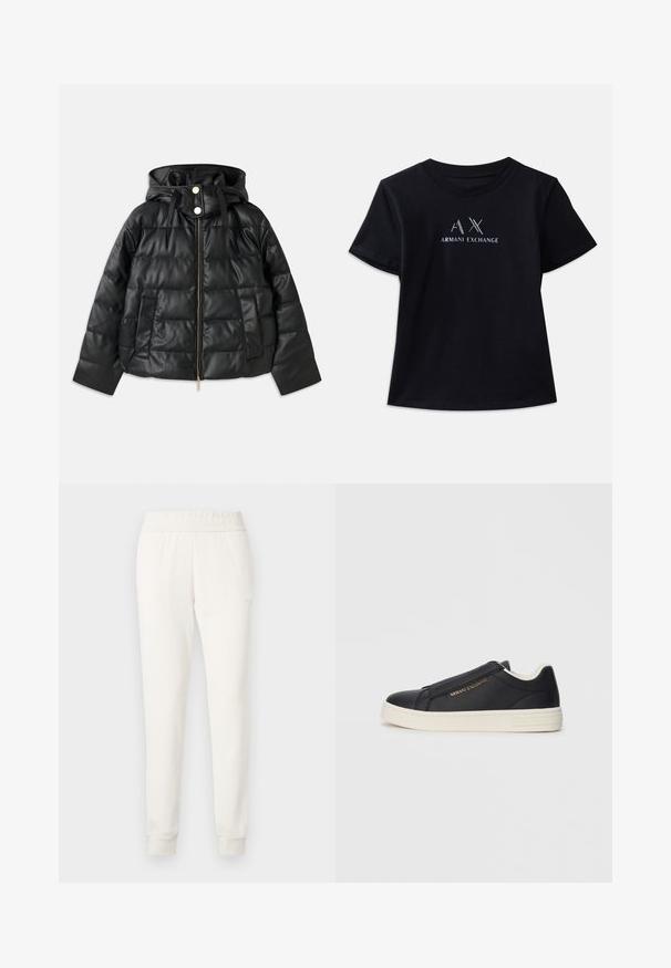 Schwarze Pufferjacke mit Kapuze, aus Kunstleder gefertigt. Verfügt über eine gerippte Textur, einen vorne liegenden Reißverschluss, Druckknöpfe und zwei Seitentaschen.; Schwarzes T-Shirt mit kurzen Ärmeln und Rundhalsausschnitt. Mit "AX"-Logo und "ARMANI EXCHANGE"-Text in kontrastierendem Weiß und metallischen Akzenten. Weicher Stoff.; Cremefarbene Jogginghosen aus weichem Stoff mit einem eng anliegenden Bund und Bündchen. Einfaches Design ohne sichtbare Muster oder Verzierungen.; Schwarze Leder-Slipsneaker mit weißer Sohle, goldfarbenem "Armani Exchange"-Logo an der Seite und minimalistischer Stickdetail.