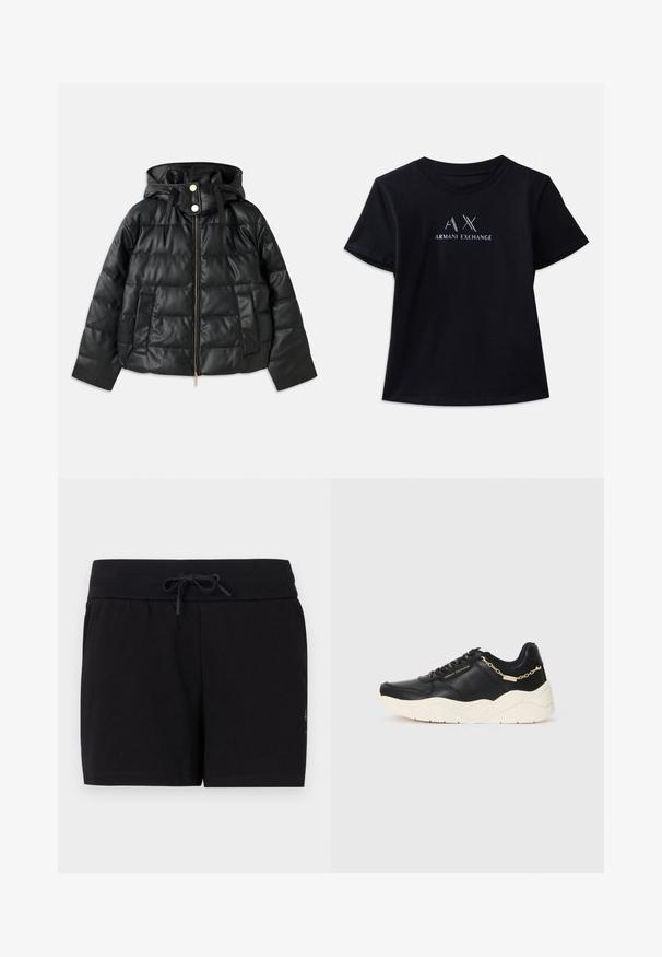 Casaco puffer preto com capuz, feito de couro sintético. Apresenta textura canalada, fecho éclair frontal, botões de pressão e dois bolsos laterais.; T-shirt preta de manga curta com decote redondo. Apresenta o logótipo "AX" e o texto "ARMANI EXCHANGE" com contrastes em branco e acabamentos metálicos. Tecido suave.; Shorts de algodão pretos com cintura elástica e cordão. Apresentam um design limpo e simples e uma textura suave.; Tênis de couro preto com uma sola cremosa grossa, detalhe em corrente dourada e atacadores pretos. Textura suave com logotipo em relevo na lateral.