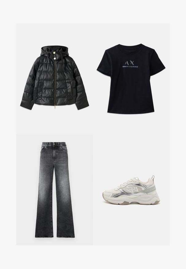 Svart boblejakke med hette, laget av faux lær. Har ribbet tekstur, frontglidelås, trykknapper og to sidelommer.; Svart kortermet t-skjorte med rund hals. Har "AX" logo og "ARMANI EXCHANGE" tekst i kontrastfarger i hvitt og metalliske aksenter. Myk stoff.; Vide benbukser i gradient grå denim, med knaplukning, fem lommer og en falmet struktur.; Hvite sportsko med glitrende sølvdetaljer, nettingpaneler og en tykk såle. Har en logo på siden og en teksturert hæltab.