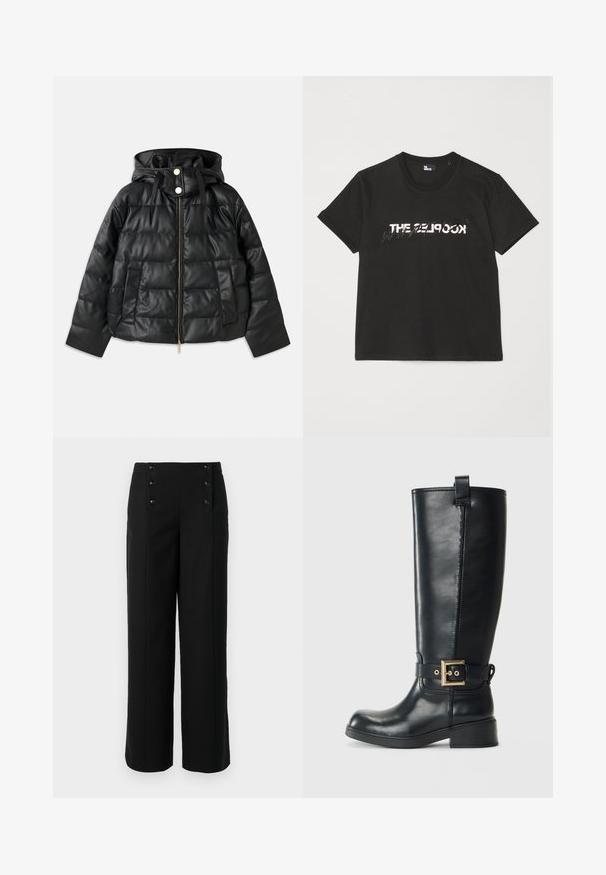 Must must-haves jope, mis on valmistatud eko nahast. Omab soonilise tekstuuri, ees on lukuga ja nööbiga sulgemine ning on varustatud kahe küljetaskuga.; Must mustriba t-särk lühikeste varrukatega, mille ees on valge ja hall "THE 2LOOK" disain. Klassikaline ümmargune kaelus.; Mustad laiad püksid, mis on valmistatud siledast kangast, kõrge vöökoha ja viie esiklipiga. Elegantne, kohandatud disain.; Mustad muste nahast saapad, mis ulatuvad põlvedeni, madala plokk-kandaga, kaunistatud kullavärvi pihustiga ümbritsetud ja ülevalt tõmmitsaga.