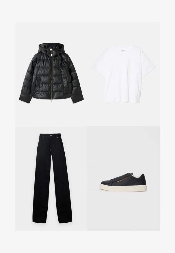 Black puffer jacket with a hood, made of faux leather. Features ribbed texture, a front zipper, snap buttons, and two side pockets.; White cotton t-shirt with short sleeves, round neckline, relaxed fit, and stitched hem. Label visible on the inside neck.; Black wide-leg pants made of cotton, featuring a zip fly, two front pockets, and a classic five-pocket design with metal hardware accents.; Black leather slip-on sneaker with white sole, gold "Armani Exchange" logo on side, and minimalist stitching detail.