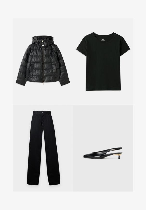 Crna puffer jakna s kapuljačom, izrađena od umjetne kože. Ima rebrastu teksturu, prednji zatvarač, zakovice i dva bočna džepa.; Crna majica kratkih rukava od pamuka. Ima okrugli izrez i reljefni natpis "Armani Exchange" duž ramena. Jednostavan dizajn.; Crne hlače širih nogavica od pamuka, s patentnim zatvaračem, dva prednja džepa i klasičnim dizajnom s pet džepova s metalnim detaljima.; Crna slingback štikla s oštrim vrhom, sjajnom kožnom završnom obradom i malom petom s zlatnim naglaskom. Elegantan dizajn s otvorenom stražnjom stranom.