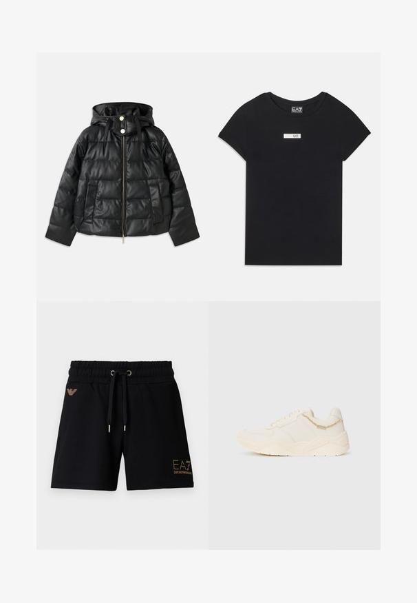 Black puffer jacket with a hood, made of faux leather. Features ribbed texture, a front zipper, snap buttons, and two side pockets.; Black short-sleeve T-shirt made of cotton, featuring a white rectangular logo patch labeled "EA7" on the front chest area.; Black cotton shorts with an elastic waistband and drawstring. Features gold logo text and embellishments on the front. Two side pockets.; Cream-colored sneaker with a smooth leather upper, textured accents, stitched details, and a chunky rubber sole. Features a small decorative chain.