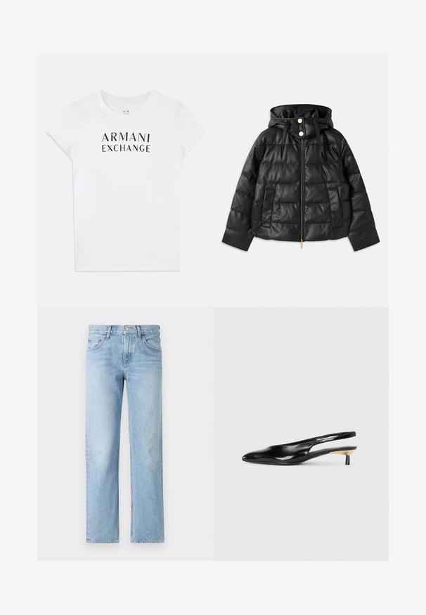Geacă puffer neagră cu glugă, fabricată din piele ecologică. Prezintă textură ribbed, fermoar frontal, butoane cu capsenă și două buzunare laterale.; Tricou alb din bumbac, cu un logo negru "ARMANI EXCHANGE" pe piept. Mâneci scurte și guler rotund. Textură netedă.; Jeans din denim de culoare albastru deschis, cu croi drept, cinci buzunare, închidere cu capse și fermoar, și un finisaj ușor degradat.; Pantof cu toc slingback negru, cu vârful ascuțit, finisaj din piele lucioasă și un toc mic cu un accent auriu. Design elegant cu spatele deschis.