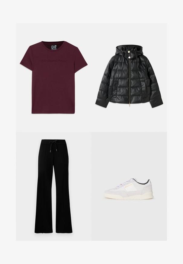 Črna napihnjena jakna s kapuco, izdelana iz umetnega usnja. Ima rebrasto teksturo, sprednji zadrgo, pritisne gumbe in dva stranska žepa.; Burgundska bombažna majica s kratkimi rokavi, okroglo izrezano in z vezenim logotipom EA7 Emporio Armani na sprednji strani. Klasičen kroj.; Črne široke trenirke z elastičnim pasom na vrvico, stranskimi razporki, mehkega materiala in elegantnim dizajnom.; Paul Smith DOVER - Športni copati - white