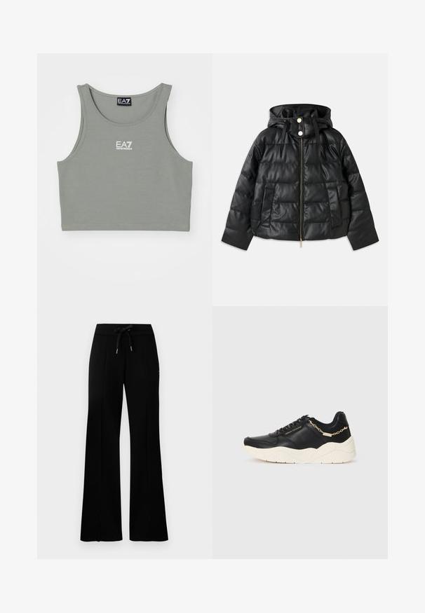 Musta puhvijakku hupulla, valmistettu tekonahasta. Sisältää ribbejä, etuvetoketjun, nepparit ja kaksi sivutaskua.; Hihaton, lyhyt toppi vaaleanharmaana, valmistettu pehmeästä kankaasta. Siinä on pyöreä pääntie ja pieni valkoinen logo edessä.; Mustat leveälahkeiset collegehousut, joissa on kiristysnauha vyötäröllä, sivuvetoketjut, pehmeä kangas ja tyylikäs muotoilu.; Musta nahkakengät, joissa on paksu kermaisa pohja, kultasävytteinen ketjuakseli ja mustat nauhat. Sileä pinta ja kohokuvioitu brändäys sivulla.