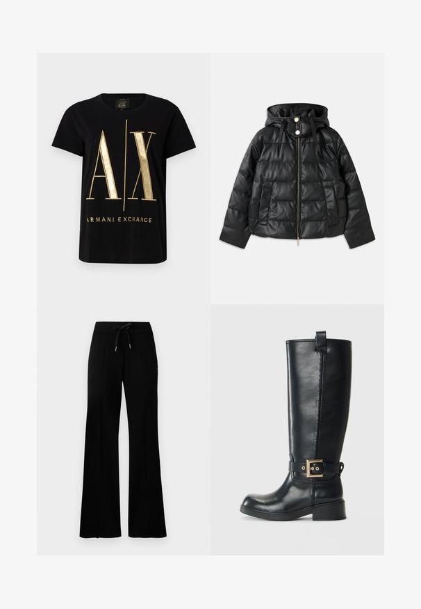 Čierna puffová bunda s kapucňou, vyrobená z umelého kože. Má rebrový vzor, predný zips, patentky a dva bočné vrecká.; Čierne bavlnené tričko s odvážnym zlatým logom "A/X" a textom "ARMANI EXCHANGE", krátke rukávy, okrúhly výstrih, hladká textúra.; Čierne široké tepláky s elastickým pásom a šnúrkou, bočnými rozparkami, mäkkou látkou a štýlovým dizajnom.; Čierna kožená čižma po kolená s nízkym blokovým podpätkom, dekoratívnym zlatým prackom okolo členku a pútkom na vrchu.