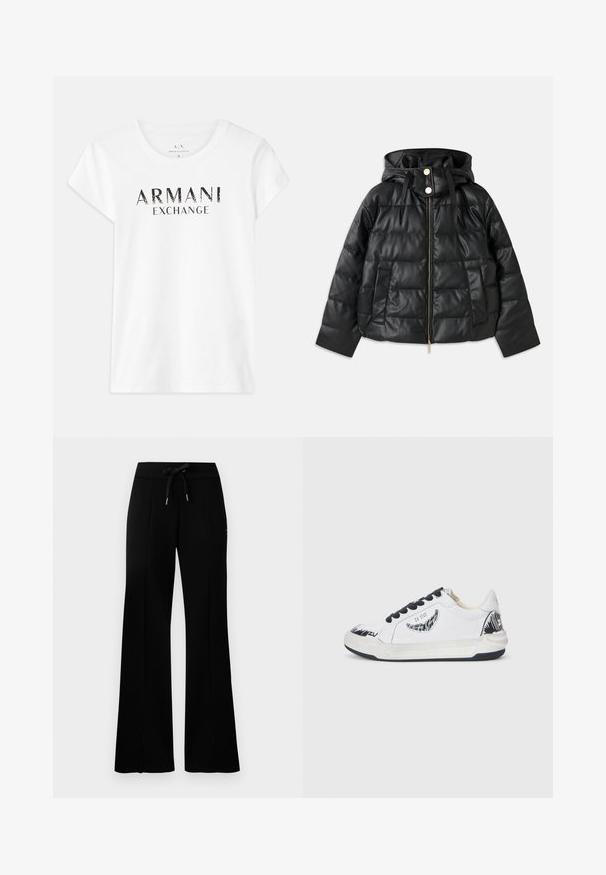 Črna napihnjena jakna s kapuco, izdelana iz umetnega usnja. Ima rebrasto teksturo, sprednji zadrgo, pritisne gumbe in dva stranska žepa.; Bela bomba majica iz bombaža s kratkimi rokavi, na sprednji strani ima natisnjen logotip "ARMANI EXCHANGE" v črni barvi. Klasična zasnova s krožnim ovratnikom.; Črne široke trenirke z elastičnim pasom na vrvico, stranskimi razporki, mehkega materiala in elegantnim dizajnom.; Bela teniska z črnimi detajli, ki ima teksturiran dizajn na strani, črne vezalke in gumijast podplat. Logotip in umetniško delo na zgornjem delu.
