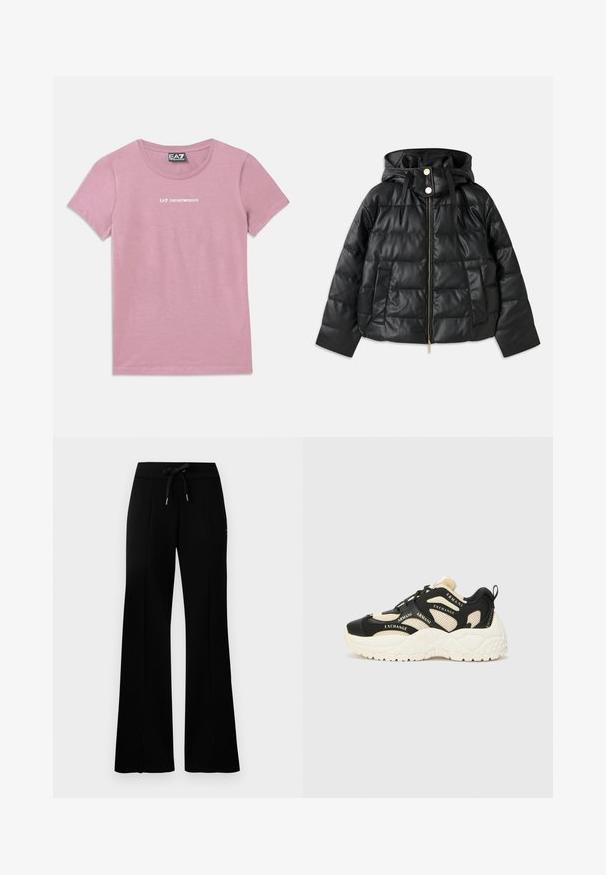 Juodas pūkinis švarkas su kapišonu, pagamintas iš dirbtinės odos. Turi raukšlėtą tekstūrą, priekinį užtrauktuką, spaustukus ir dvi šonines kišenes.; Rožinė trumpomis rankovėmis marškinėliai su apvalia iškirpte ir balta "EA7 Emporio Armani" logotipu, esantis po centre ant krūtinės ir etiketėje ant kaklo.; Juodi platūs sportiniai kelnių su raišteliu liemeniu, šoninėmis įpjovomis, minkšta medžiaga ir elegantiškas dizainas.; Juodos ir grietinėlės spalvos sportbačiai su tekstūruota padu, tinkliniais elementais ir prekės ženklu pažymėtomis detalėmis. Apvalus nosis ir veržimosi dizainas. Reguliuojama kulno juostelė.