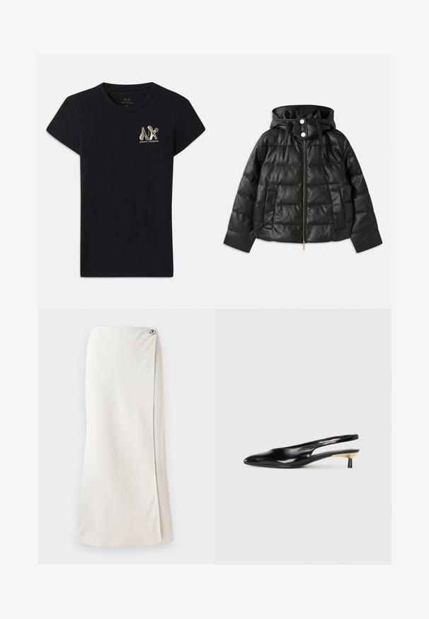 Črna napihnjena jakna s kapuco, izdelana iz umetnega usnja. Ima rebrasto teksturo, sprednji zadrgo, pritisne gumbe in dva stranska žepa.; Črna bombažna T-maica s kratkimi rokavi, ki na levem prsnem delu vsebuje zlat logo "A|X" in "ARMANI EXCHANGE". Standardna oblika s kratkim vratom.; Dolge bele krilo iz gladkega materiala, z bočnim razporkom in dekorativnim srebrnim gumbom v bližini pasu. Čiste linije in minimalističen dizajn.; Črne slingback pumpe z ozkim nosom, sijočim usnjem in majhno peto z zlatim akcentom. Elegantna zasnova z odprtim zadnjim delom.