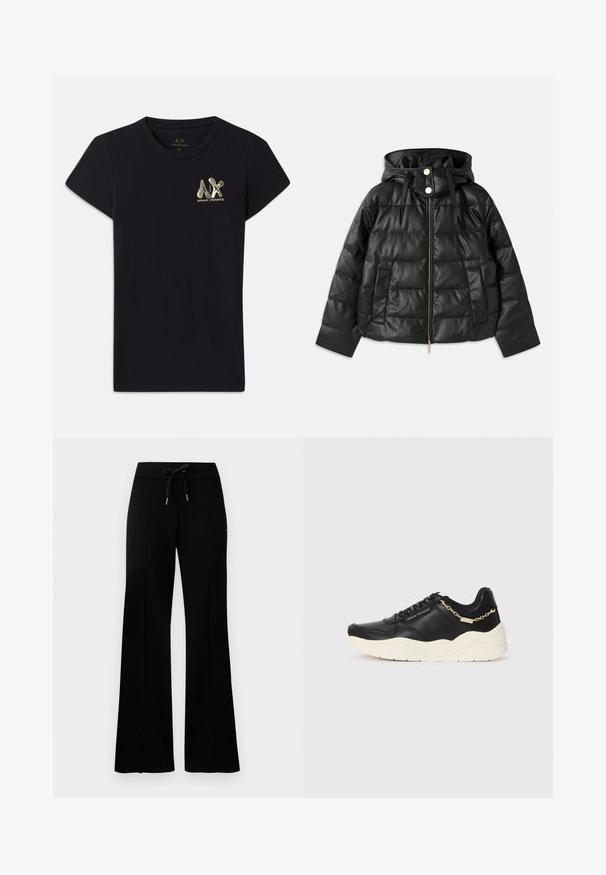 Črna napihnjena jakna s kapuco, izdelana iz umetnega usnja. Ima rebrasto teksturo, sprednji zadrgo, pritisne gumbe in dva stranska žepa.; Črna bombažna T-maica s kratkimi rokavi, ki na levem prsnem delu vsebuje zlat logo "A|X" in "ARMANI EXCHANGE". Standardna oblika s kratkim vratom.; Črne široke trenirke z elastičnim pasom na vrvico, stranskimi razporki, mehkega materiala in elegantnim dizajnom.; Črne usnjene teniske z debelim kremnim podplatom, zlatim verižnim detajlom in črnimi vezalkami. Gladka tekstura s sledečim logotipom na strani.