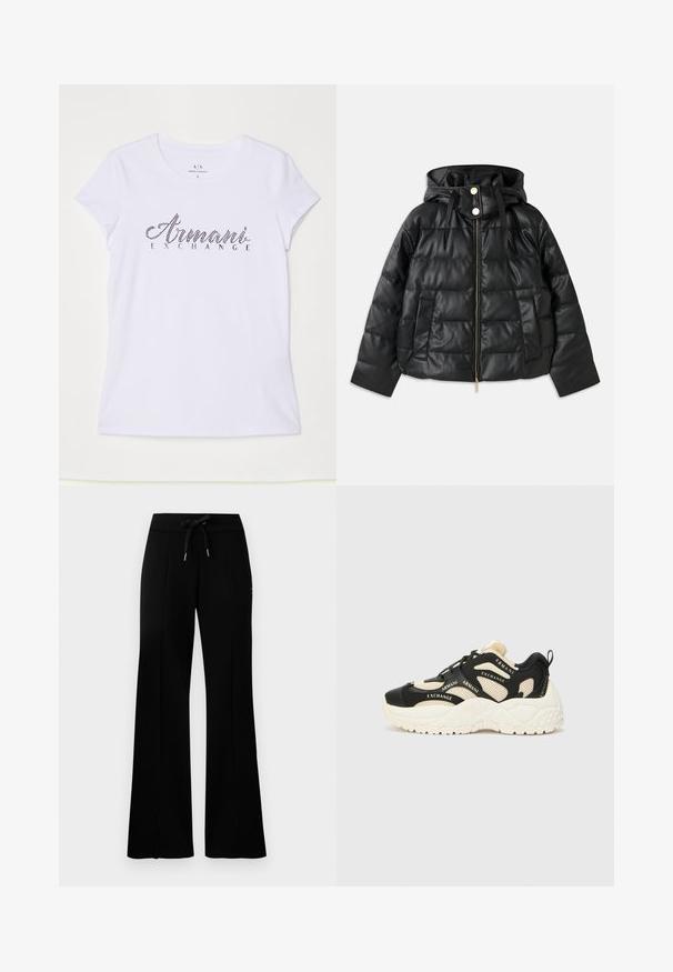 Svart boblejakke med hette, laget av faux lær. Har ribbet tekstur, frontglidelås, trykknapper og to sidelommer.; Hvit t-skjorte med korte ermer laget av bomull, med en svart rhinsteinlogo som leser «Armani Exchange» over fronten.; Svart vid bukse med snøring i midjen, sidelommer, myk stoff og et elegant design.; Sorte og kremfargede joggesko med en teksturert såle, mesh-paneler og merkevaretekstdetaljer. Rund tå og snøring. Justerbar hælflik.