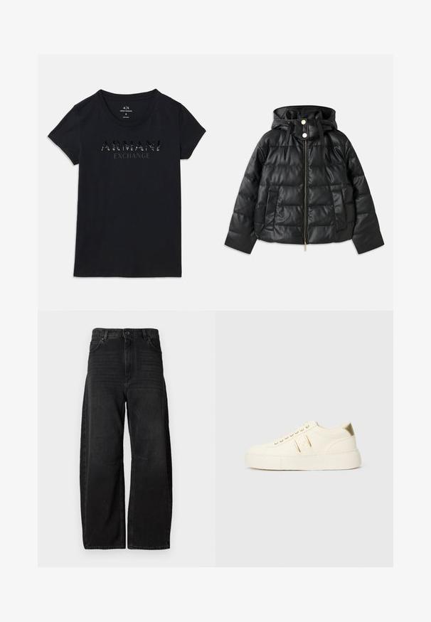 Svart boblejakke med hette, laget av faux lær. Har ribbet tekstur, frontglidelås, trykknapper og to sidelommer.; Svart kortermet t-skjorte fra Armani Exchange med rund hals og "ARMANI EXCHANGE"-logo i glansfull, prikkete trykk på brystet.; Bredde ben sorte denimjeans laget av solid stoff, med høy midje, store frontlommer og et rent, minimalistisk sømdesign.; Kremfargede lave sneakers med gullakenter, snørebånd og preget "Armani Exchange" merkevare på sålen og sidepatchen.
