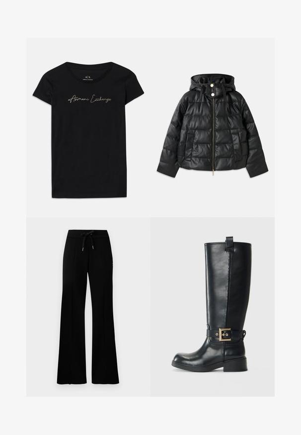 Svart boblejakke med hette, laget av faux lær. Har ribbet tekstur, frontglidelås, trykknapper og to sidelommer.; Svart kortermet T-skjorte laget av bomull, med et skriptlogo "Armani Exchange" i gulldetaljer over brystet.; Svart vid bukse med snøring i midjen, sidelommer, myk stoff og et elegant design.; Sorte knelange læderstøvler med en lav blokhæl, dekorativ guldfarvet spænde om anklen og en løkke øverst.