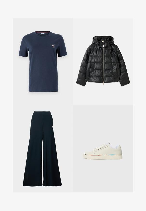 Črna napihnjena jakna s kapuco, izdelana iz umetnega usnja. Ima rebrasto teksturo, sprednji zadrgo, pritisne gumbe in dva stranska žepa.; PS Paul Smith WOMENS ZEBRA - Navadna majica - blue; Široke hlače v temno modrem rebrastem materialu, z visokim pasom in diskretnim stranskim logotipom. Gladek tekstur in polna dolžina.; Off-white nizki športni copat z vezalnim dizajnom, belim notranjim oblogo in subtilnim večbarvnim obrobjem ob robu podplata, stranski pogled.