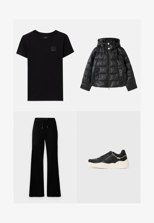 Giubbotto puffo nero con cappuccio, realizzato in pelle sintetica. Presenta una texture a costine, una cerniera frontale, bottoni a pressione e due tasche laterali.; T-shirt di cotone nero con scollatura rotonda e maniche corte. Presenta un piccolo logo rettangolare sulla parte anteriore.; Pantaloni della tuta neri a gamba ampia con cintura regolabile, dettagli con fessure laterali, tessuto morbido e design elegante.; Sneaker in pelle nera con suola spessa color crema, dettaglio in catena dorata e lacci neri. Texture liscia con logo impresso sul lato.