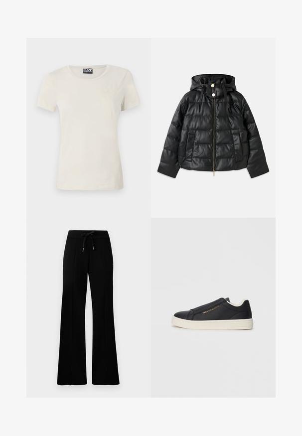 Geacă puffer neagră cu glugă, fabricată din piele ecologică. Prezintă textură ribbed, fermoar frontal, butoane cu capsenă și două buzunare laterale.; Tricou scurt cu mânecă scurtă în nuanțe de bej deschis, fabricat dintr-un material moale, având un guler tip crew și un model subtil în partea din față, aproape de colțul stâng sus.; Pantaloni de trening negri, cu croială largă, talie cu șnur, detalii cu tăieturi laterale, material moale și un design elegant.; Sneaker slip-on din piele neagră cu talpă albă, logo auriu "Armani Exchange" pe lateral și detalii de cusătură minimaliste.