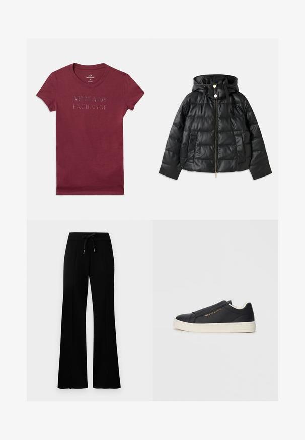 Svart puffjacka med huva, tillverkad av konstläder. Har ribbat mönster, dragkedja fram, tryckknappar och två sidofickor.; Burgundy kortärmad åtsittande T-shirt med "ARMANI EXCHANGE" tryckt i glänsande svarta bokstäver över bröstet.; Svarta vida sweatpants med dragsko i midjan, sidofickor, mjukt tyg och en stilren design.; Svarta lädersneakers utan snörning med vit sula, guld "Armani Exchange"-logotyp på sidan och minimalistisk sömdetalj.