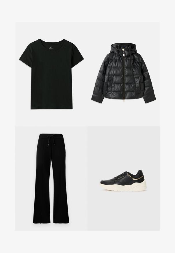 Svart boblejakke med hette, laget av faux lær. Har ribbet tekstur, frontglidelås, trykknapper og to sidelommer.; Svart kortermet T-skjorte laget av bomull. Har rund hals og preget "Armani Exchange"-tekst langs skulderen. Enkel design.; Svart vid bukse med snøring i midjen, sidelommer, myk stoff og et elegant design.; Svarte lærersneakers med en kraftig kremfarget såle, gullfarget kjedeaccent og svarte snøring. Glatt tekstur med preget merkevare på siden.