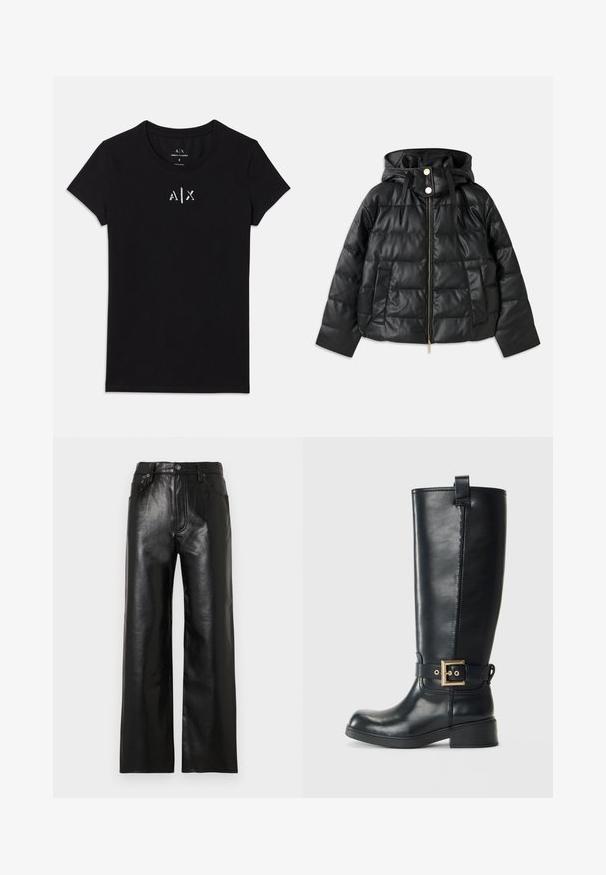 Fekete puffasztott dzseki kapucnival, műbőrből készült. Bordázott textúrával, elöl cipzáros, patentgombokkal, és két oldalzsebbel rendelkezik.; Fekete, rövid ujjú Armani Exchange póló kerek nyakkivágással és a mellkason középen elhelyezett kis fehér "A|X" logóval.; Fekete bőrből készült, széles szárú nadrág fényes felülettel, elöl zsebekkel, cipzáras sliccel és gombos rögzítéssel. Végig sima textúrájú.; Fekete, térd fölé érő bőrcsizma alacsony, blokksarkúval, dekoratív arany csatpánttal a bokánál, valamint húzófüllel a tetején.