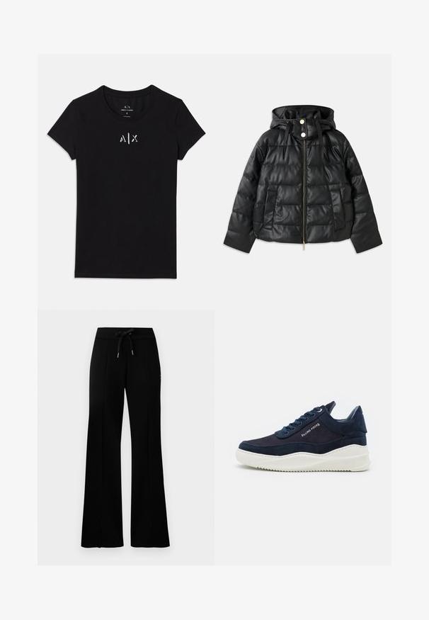 Svart boblejakke med hette, laget av faux lær. Har ribbet tekstur, frontglidelås, trykknapper og to sidelommer.; Svart kortermet T-skjorte fra Armani Exchange med rund halslinning og liten hvit "A|X" logo midt på brystet.; Svart vid bukse med snøring i midjen, sidelommer, myk stoff og et elegant design.; Mørk marineblå svineskinnsneakers med hvite gummisulder, rund tå og snøredesign. Har logodetalj på siden og teksturerte aksenter.