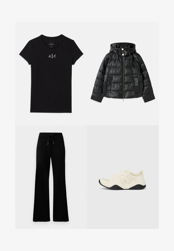 Melnā pūkainā jaka ar kapuci, izgatavota no mākslīgās ādas. Tai ir ribota tekstūra, priekšējais rāvējslēdzis, stiprināšanas pogas un divas sānu kabatas.; Melna īsām piedurknēm Armani Exchange T-krekls ar apaļu kakla izgriezumu un mazu balto "A|X" logo centrā uz krūšu daļas.; Melnas platās svārku bikses ar sašūtu jostu, sānu iegriezumiem, mīkstu audumu un glītu dizainu.; Baltie sporta apavi ar teksturētu virsu, zelta akcentiem un logos dizainu. Ir melna zole un saistošana, kas nodrošina drošu piegulšanu.