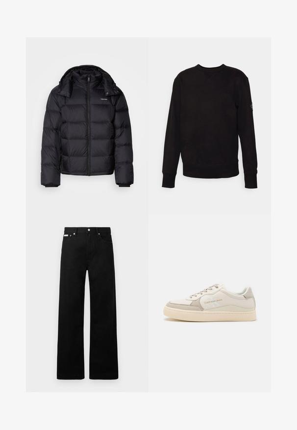 Giacca a vento nera, con zip frontale, di lunghezza corta, design trapuntato e colletto alto. Presenta un logo sul petto sinistro e polsini elasticizzati.; Felpa nera a girocollo in cotone. Caratterizzata da polsini e orlo ribattuti, con un piccolo logo applicato sul maniche sinistra. Superficie piatta e liscia.; Pantaloni in denim nero con design a gamba larga, dotati di cinque tasche e hardware in metallo per i bottoni. Texture liscia, senza motivi visibili.; Sneakers Calvin Klein in jeans beige e grigi, caratterizzati da pelle liscia, punta tonda, design con lacci e dettaglio del logo sul lato e sulla suola.
