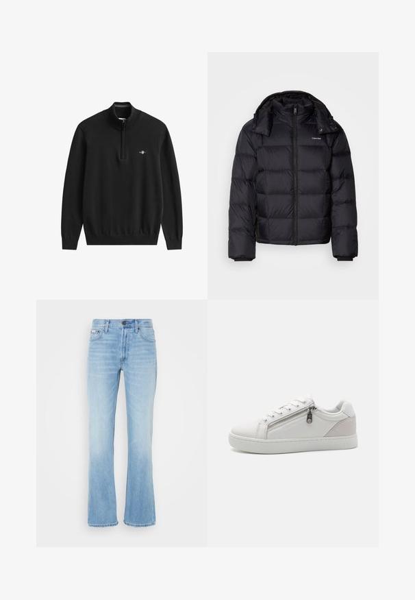 Fekete puff kabát cipzárral elöl, rövid szabású, steppelt mintázattal és magas gallérral. Bal mellkason logo található, rugalmas mandzsettákkal.; Fekete, negyedcipzáras pulóver, puha kötött anyagból. Bordázott gallérral, mandzsettával és szegéllyel, a mellrészen kis logóval.; Világoskék farmeregyenes fazonú, kifakult hatású farmernadrág, öt zsebbel, övhurkokkal és gombos derékrésszel.; Fehér sportcipő sima bőr anyagból, kontrasztos bézs velúr díszítéssel a sarkán, és cipzáras záródással az oldalon.