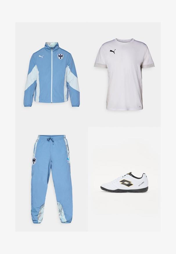 Világos kék dzseki sötétebb kék díszítésekkel, cipzáras záródás, ruganyos mandzsetták és logó a mellrészen. Könnyű, texturált anyagból készült.; Fehér, rövid ujjas sportpóló kerek nyakkivágással, légáteresztő hálós részletekkel az oldalán és fekete Puma logóval a mellkasán.; Világoskék sportnadrág rugalmas derékkal, oldalsó zsebekkel és absztrakt mintázatú díszítéssel az alsó oldalakon. Jellemzők logó részletek.; Fehér sportcipő fekete és sárga kiegészítőkkel, textúrázott felsőrésszel, kerek orral és fekete gumitalppal. A dizájn tartalmaz egy logó részletet az oldalon.