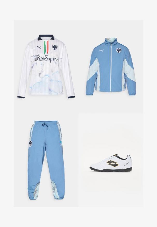 Világos kék dzseki sötétebb kék díszítésekkel, cipzáras záródás, ruganyos mandzsetták és logó a mellrészen. Könnyű, texturált anyagból készült.; Fehér, hosszú ujjú póló csíkos mintával, kék felhőmintákkal, zöld és piros csíkokkal, valamint "KidSuper" felirattal. Tengerészkék részletekkel a galléron.; Világoskék sportnadrág rugalmas derékkal, oldalsó zsebekkel és absztrakt mintázatú díszítéssel az alsó oldalakon. Jellemzők logó részletek.; Fehér sportcipő fekete és sárga kiegészítőkkel, textúrázott felsőrésszel, kerek orral és fekete gumitalppal. A dizájn tartalmaz egy logó részletet az oldalon.
