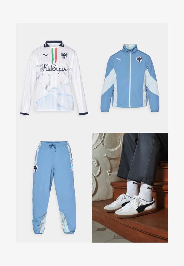 Vaaleansininen takki, jossa tummansiniset korostukset, vetskarlukko, elastiset hihansuut ja logo rinnassa. Valmistettu kevyestä, teksturoidusta kankaasta.; Valkoinen pitkähihainen paita, jossa on raidallinen kuvio, sisältäen sinisiä pilvimalleja, vihreitä ja punaisia raitoja, sekä "KidSuper"-tekstiä. Laivastonsinisiä yksityiskohtia kauluksessa.; Vaaleansiniset urheiluhousut, joissa on joustava vyötärönauha, sivutaskut ja abstraktit kuviointiyksityiskohdat alareunassa. Sisältää logodetaileja.; Puma-tenniset valkoisesta ja mustasta mokasta, joissa on ruskea kumipohja. Yhdistetty valkoisten sukkien kanssa, joissa on musta logo, tummien housujen kanssa.