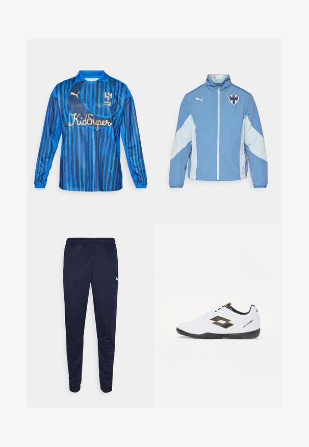 Svijetloplavi jakna s tamnijim plavim akcentima, zatvaranje na patentni zatvarač, elastične manžete i logotip na prsima. Izrađena od lagane, teksturirane tkanine.; Modra nogometna majica dolgih rokavov z navpičnimi črtami, ovratnikom in zlatimi logotipi na sprednji strani. Narejena iz gladkega, lahkega materiala.; Mornarske športne hlače iz lahkega materiala, z elastičnim pasom in ožjimi nogami. Majhen bel logotip na strani.; Bele športne čevlje z črnimi in rumenimi detajli, z teksturiranim zgornjim delom, okroglo konico in črnim gumijastim podplatom. Oblikovanje vključuje logotip na strani.