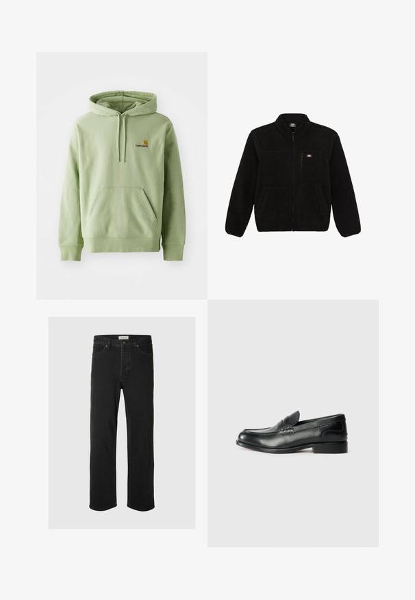 Fekete bolyhos dzseki cipzárral az elején, magas gallérral és két elülső zsebbel. Kicsi logó található a bal felső mellrészen.; Világoszöld pulóver kapucnival, puha anyagból készült, kenguruzsebbel, húzózsinórral ellátva, és egy apró hímezett logóval a mellrészen.; Fekete farmer egyenes szárú jezák klasszikus öt zsebes dizájnnal, gombos záródással, minimális varrással és puha tapintással rendelkezik.; Fekete bőr mokaszinok sima felülettel, varrott részletekkel a lábfej részen és kissé megemelt sarokkal.