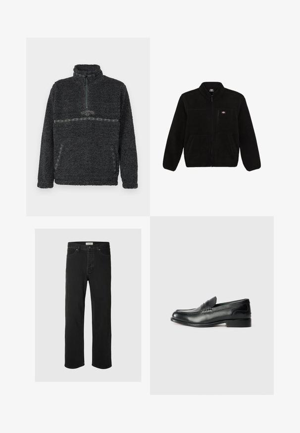 Giacca in pile nera con frontale con zip, colletto alto e due tasche anteriori a toppa. Presenta un piccolo logo sulla parte superiore sinistra del petto.; Pullover in pile grigio scuro con colletto alto, zip a quarto e dettagli a contrasto verdi a motivo lungo il petto e le tasche.; I jeans in denim nero a gamba dritta presentano un classico design a cinque tasche con chiusura a bottone, cuciture minime e una texture morbida.; Mocassini in pelle nera con finitura liscia, dettagli cuciti sulla parte superiore e tacco leggermente rialzato.