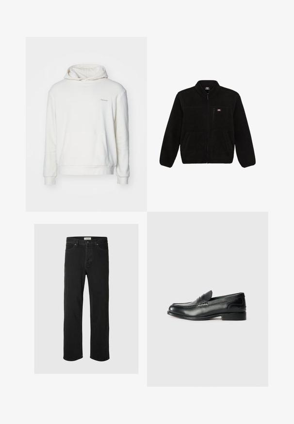 Melnā flīsa jaka ar ar rāvējslēdzēju priekšā, augstu apkakli un divām priekšējām kabatām. Iekļauta neliela logo augšējā kreisajā krūšu daļā.; Balts hulahops ar priekšējo kabatu, garām piedurknēm un auklu kapuci. Izgatavots no mīksta auduma, ar smalku izšūtu tekstu uz krūtīm.; Melna denima taisna piegriezuma bikses ar klasisku piecu kabatu dizainu, poga aizdari, minimāls šuvju skaits un mīksta tekstūra.; Melnas ādas loafers ar gludu apdari, izšūtiem detaļām pa vampu un nedaudz paceltu papēdi.