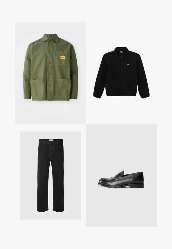 Čierna fleecová bunda so zipsom v prednej časti, vysokým golierom a dvoma prednými vreckami. Obsahuje malé logo na hornej ľavej časti hrude.; Olivovo zelená bunda vyrobená z hrubej bavlny, s špicatým golierom, prednými gombíkmi a dvoma veľkými našitými vreckami. Obsahuje malú nášivku s logom.; Limetkovo zelené bavlnené tričko s grafikou vtáka a ružového zmrzlinového kónusu, so jednoduchým okrúhlym výstrihom a krátkymi rukávmi.; Čierne džínsové nohavice so rovnými nohavicami majú klasický dizajn s piatimi vreckami, zapínaním na gombík, minimálnym prešívaním a jemnou textúrou.; Čierne kožené loafers s hladkým povrchom, prešívaním cez vampus a mierne vyvýšeným podpätkom.