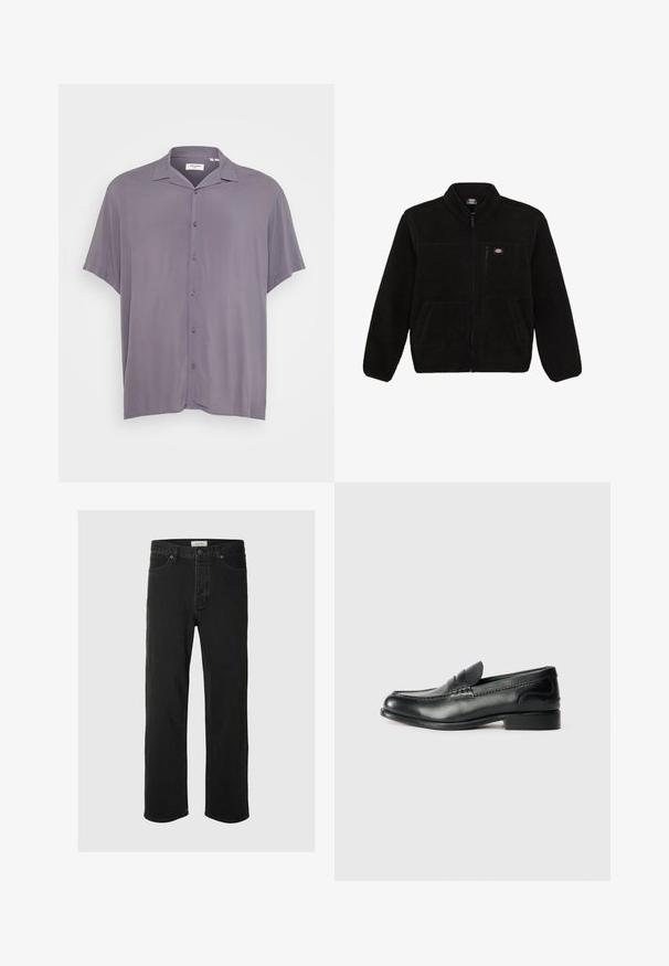 Schwarze Fleecejacke mit einem Reißverschluss vorne, hohem Kragen und zwei aufgesetzten Taschen vorne. Hat ein kleines Logo auf der oberen linken Brust.; Kurzärmliges, knöpfbares Hemd aus hellgrauem Stoff. Verfügt über einen klassischen Kragen, eine legere Passform und eine glatte Textur ohne Muster oder Akzente.; Schwarze Denim-Jeans im Straight-Leg-Schnitt verfügen über ein klassisches Fünf-Taschen-Design mit Knopfverschluss, minimaler Naht und einer weichen Textur.; Schwarze Lederloafers mit glatter Oberfläche, gesteppten Details über dem Vorderblatt und einem leicht erhöhten Absatz.