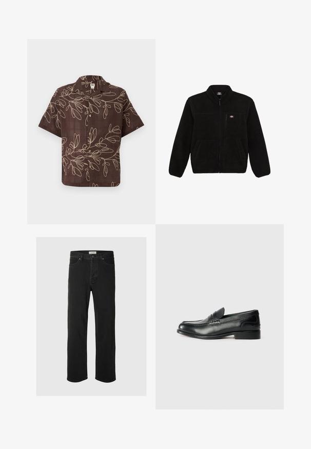 Juoda vilnonė striukė su užtrauktuku priekyje, aukštu kaklu ir dviem priekinėmis kišenėmis. Yra mažas logotipas ant kairiojo krūtinės šono.; Rudas trumpas rankovėmis marškinėliai iš lengvos medžiagos, su grietinėlės spalvos lapų rašto siuvinėjimu ir priekine mygtukų uždanga. Kasdienis, laisvas kirpimas.; Juodos džinsinės tiesaus silueto kelnės turi klasiką penkių kišenių dizainą su mygtukų uždarymu, minimaliais siūlais ir minkšta tekstūra.; Juodos odinės loafer tipo bateliai su lygiu paviršiumi, siuvinėjimu per priekį ir šiek tiek pakelta pakulne.
