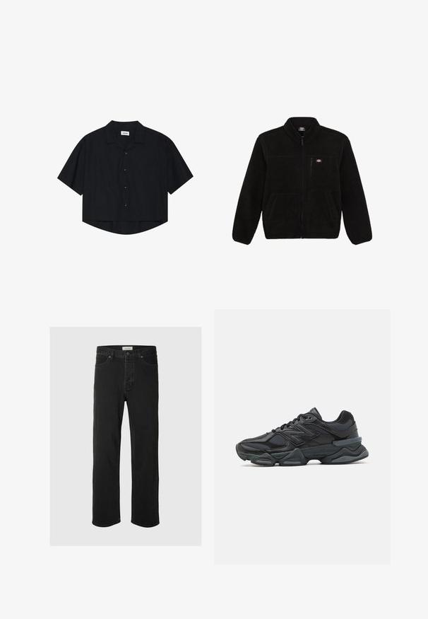 Fekete bolyhos dzseki cipzárral az elején, magas gallérral és két elülső zsebbel. Kicsi logó található a bal felső mellrészen.; Fekete, rövid ujjú gombos ing, gallérral és elülső zsebbel, enyhén ívelt aljjal és laza fazonnal.; Lime zöld pamut póló, amelyen egy madár és egy rózsaszín jégkrém-kúp grafikai ábrázolása látható, egyszerű kerek nyakkal és rövid ujjakkal.; Fekete farmer egyenes szárú jezák klasszikus öt zsebes dizájnnal, gombos záródással, minimális varrással és puha tapintással rendelkezik.; Fekete futócipő, mely háló és szintetikus anyagok keverékéből készült, vastag talppal, ívelt kialakítással és hangsúlyos logóval az oldalon.