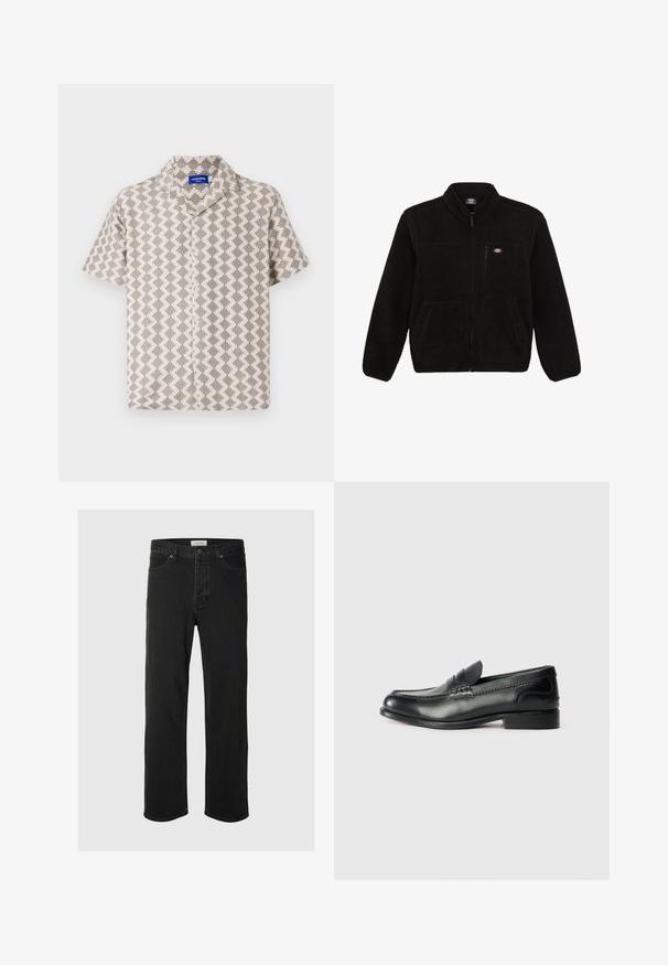Zwarte fleecejack met een ritssluiting aan de voorkant, hoge kraag en twee voorzakken. Heeft een klein logo op de bovenste linkerborst.; Korte mouwen shirt in beige en grijze stof dat voorzien is van een geometrisch patroon, een gestructureerd oppervlak en een notch-kraag met knoopsluiting.; Zwarte denim rechte jeans hebben een klassiek vijf-pocket ontwerp met knoopsluiting, minimale stiksels en een zachte textuur.; Zwarte leren instappers met een gladde afwerking, gestikte details over de bovenkant en een licht verhoogde hak.